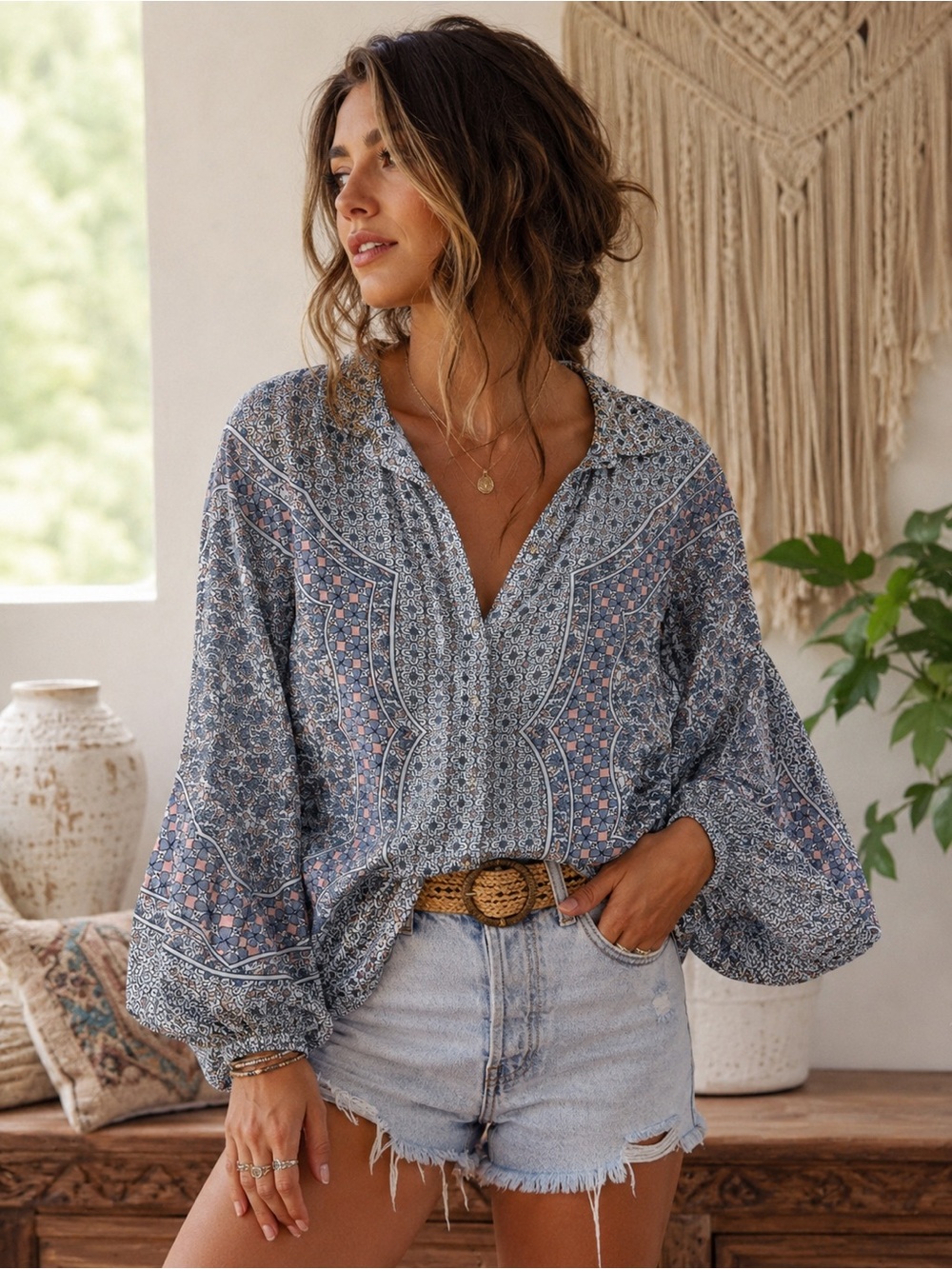 CLEOBELLA Floral Peasant Boho Long Puff Sleeve Blouse Top Organic Cotton Large